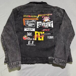 Born Fly Denim Jacket Mens XL Black Acid Wash Graphic Patch Streetwear Trucker